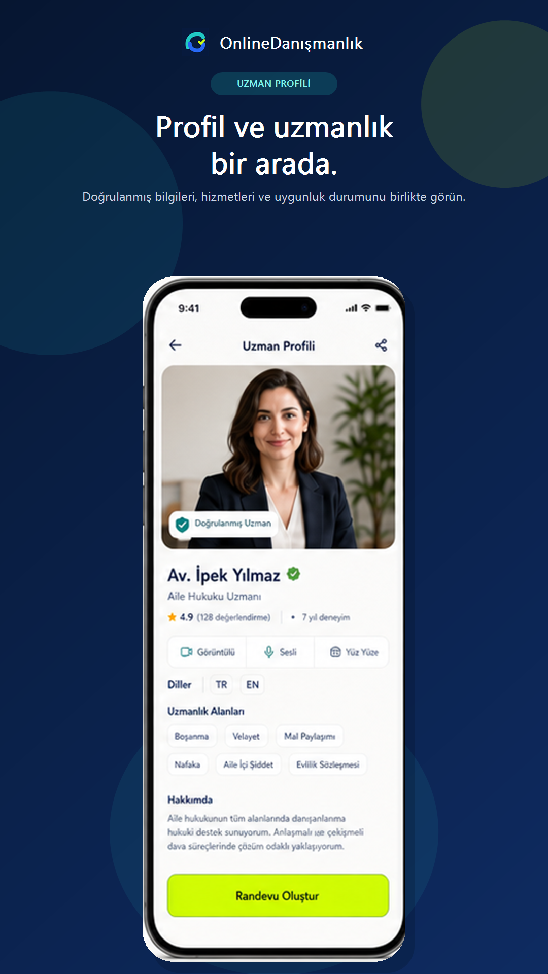 OnlineDanışmanlık uygulamasında uzman profili ekranı; temsili veriler